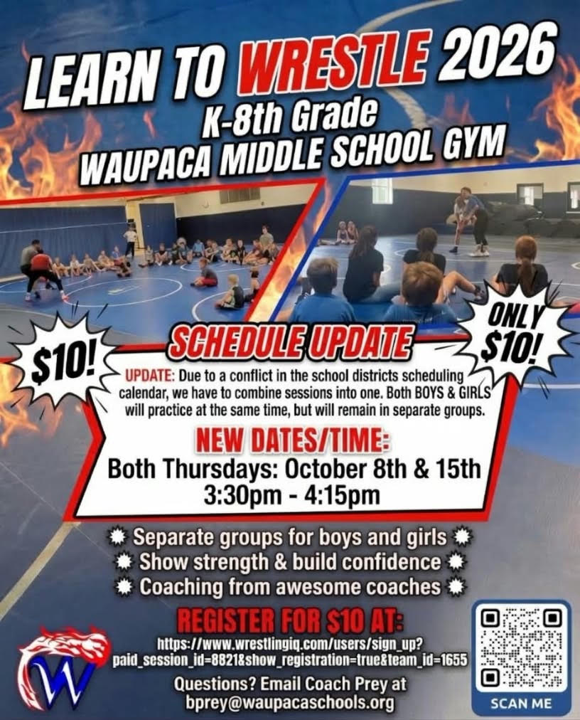 Learn To Wrestle 2026 — K-8th Grade at Waupaca Middle School Gym — Thursdays Oct 8th & 15th, 3:30-4:15 PM — $10